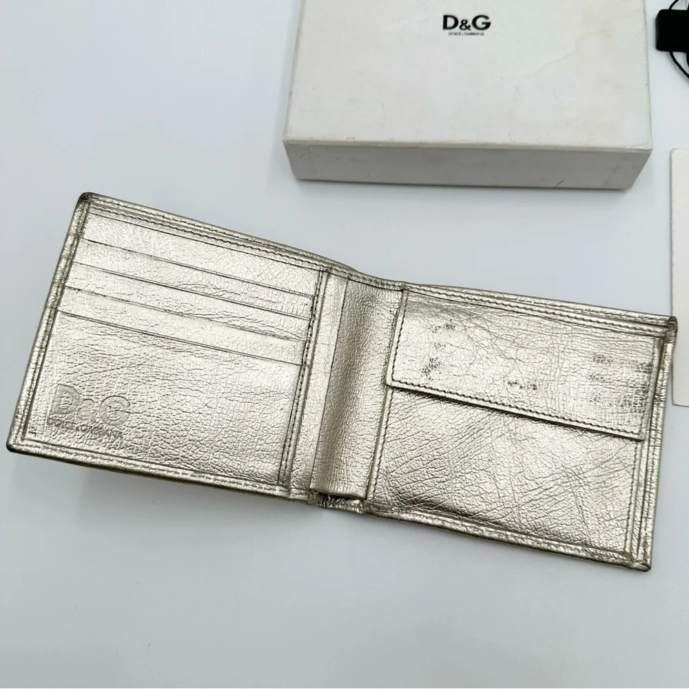 D&G Dolce Gabbana Metallic Gold Bifold Leather Wallet - Picture 10 of 16